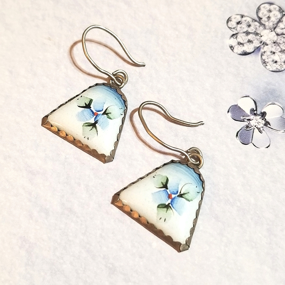 Vintage RUSSIAN Enamel Hand Painted Sterling Dangle Earrings - Picture 3 of 6
